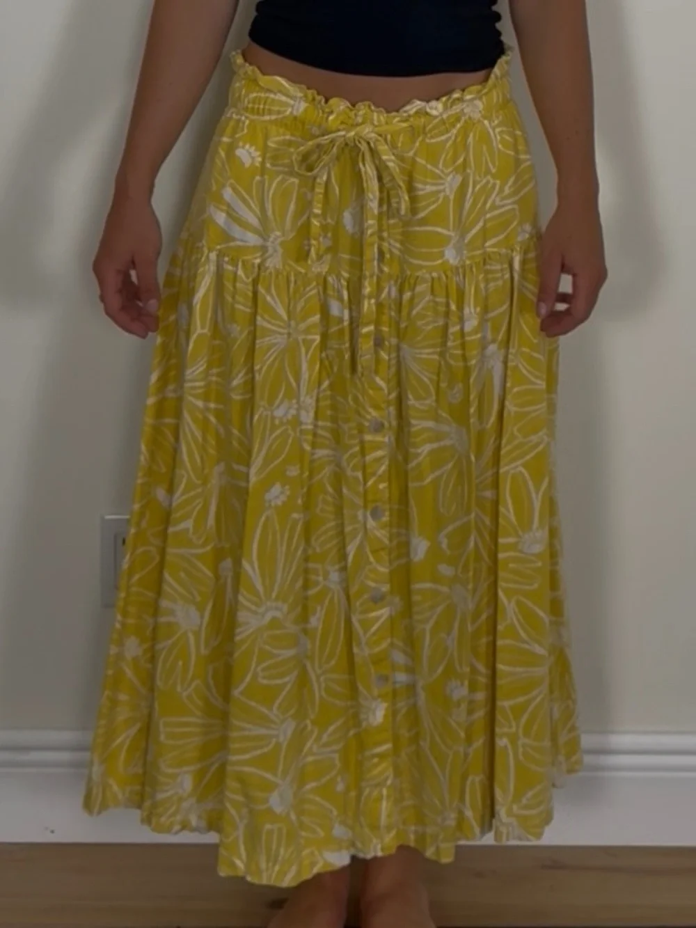 Universal Thread Yellow Floral Midi Skirt Linen Blend Tie Waist Boho Flowy - Picture 1 of 4